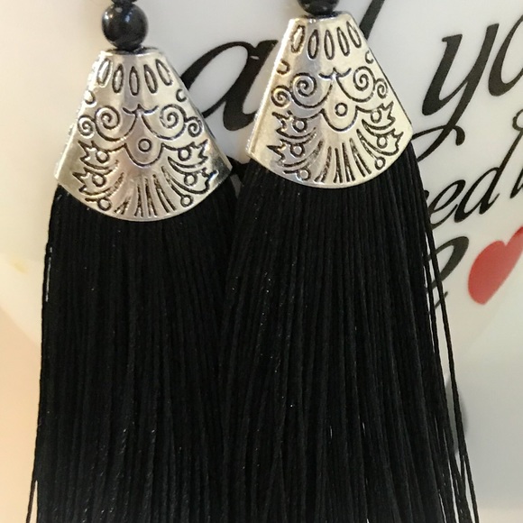 Long Black & Silver Tone Tasseled Earrings - Picture 1 of 5
